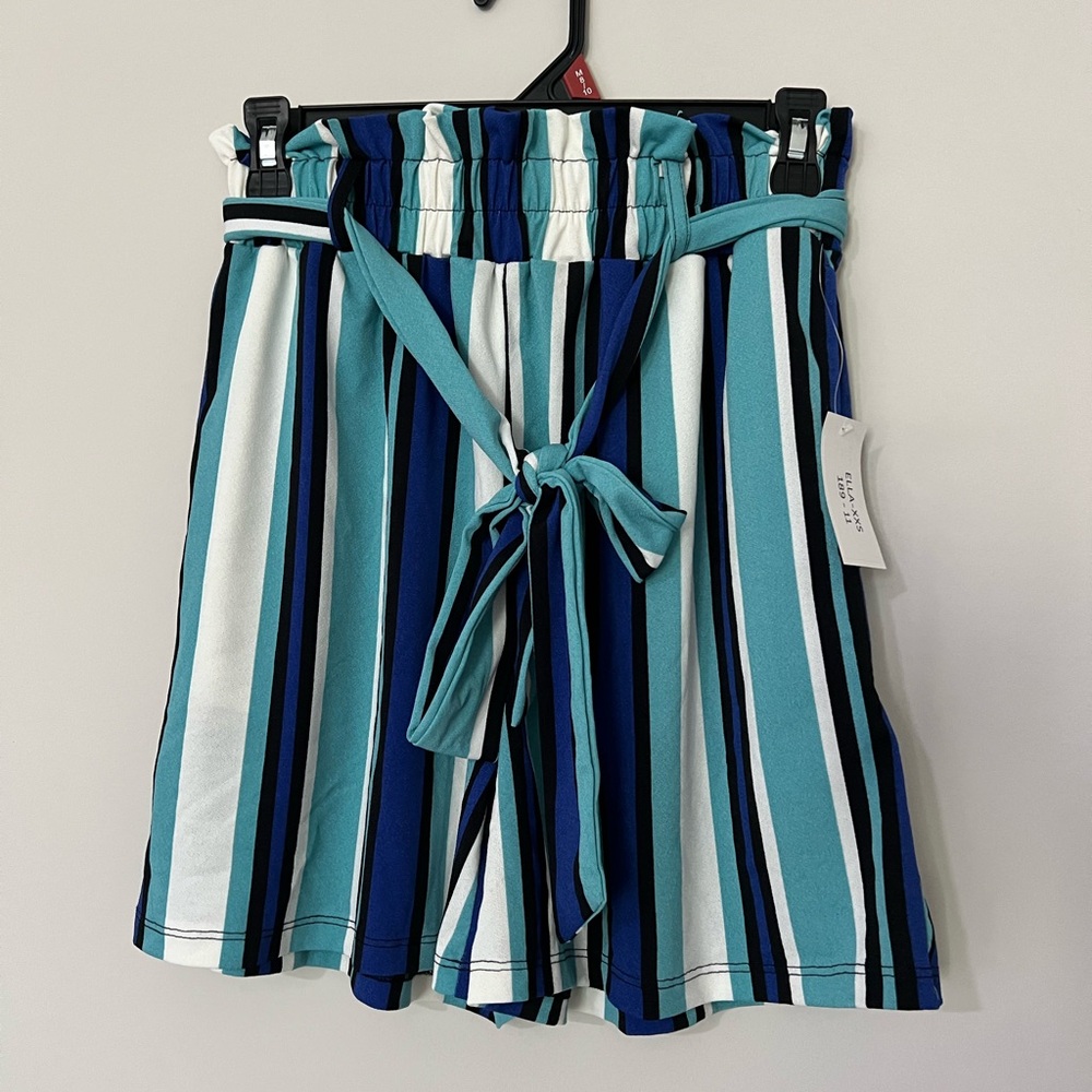 LuLaRoe High Waist Striped Shorts - Teal, Blue, and White